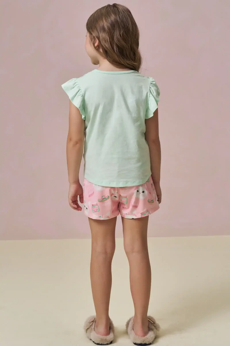 Pijama Infantil Blusa Gatinha Skin Care e Shorts Gatinha Rosa - Infanti - Image 3