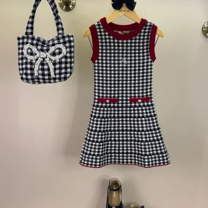 Vestido Infantil Tricot Xadrex Botão Jóia Coração - Pituchinhus