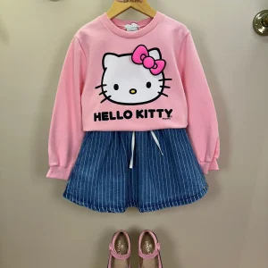 Conjunto Infantil Feminino Conjunto Infantil Casaco Moletom Hello Kitty Rosa Blossom com Saia Jeans Listrada Cós Duplo Branco - Momi
