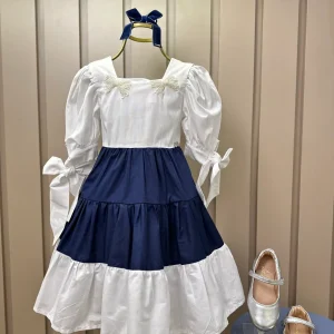 Vestido Infantil Algodão Manga Bufante e Amarração Bordados Manuais Branco/Azul - Luluzinha