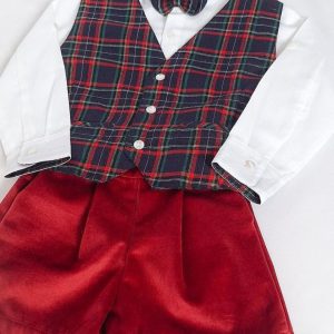 Conjunto Menino Xadrez e Veludo com Colete