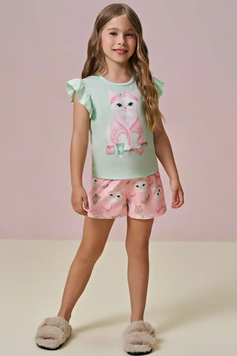 Pijama Infantil Blusa Gatinha Skin Care e Shorts Gatinha Rosa - Infanti - Image 2